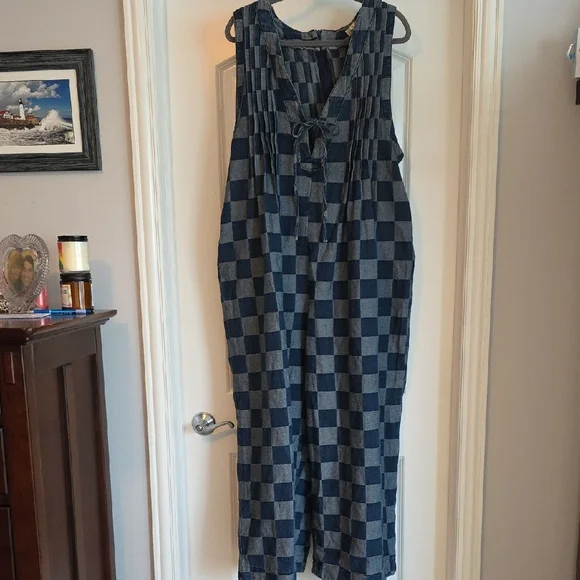 NWOT BiBi Dark And Light Blue Checkered Jumpsuit Oversized Small - Picture 4 of 10